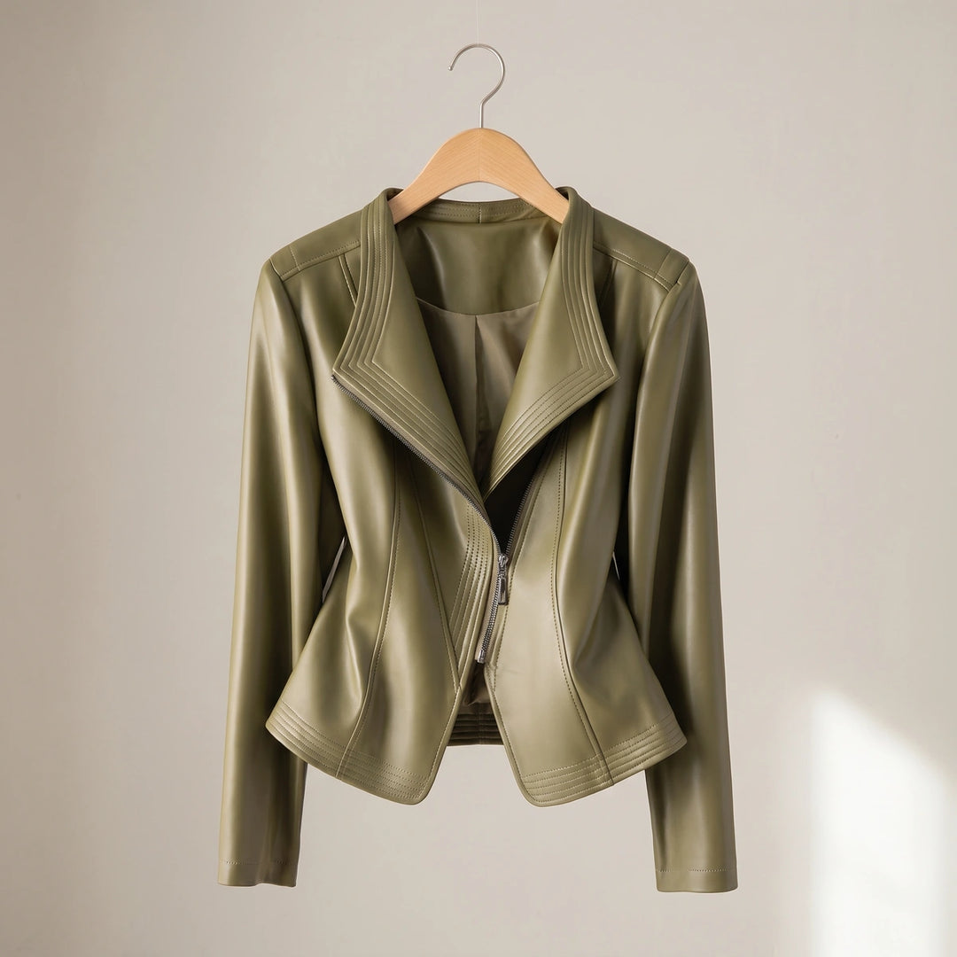 Rowena Draped Collar Leather Jacket - Olive