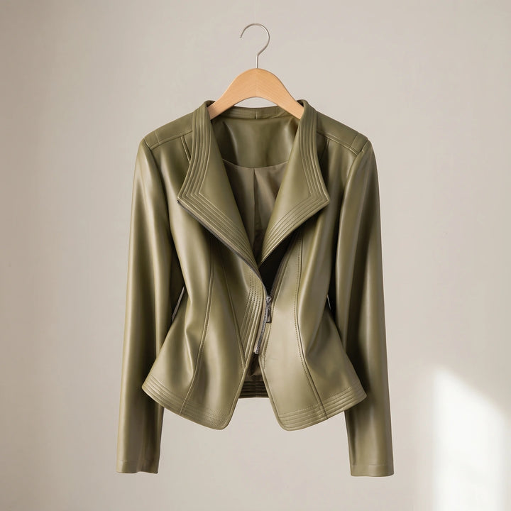 Rowena Draped Collar Leather Jacket - Olive
