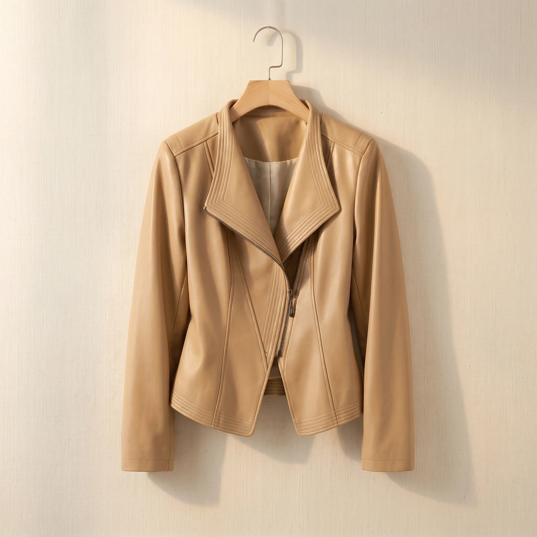 Rowena Draped Collar Leather Jacket - Beige