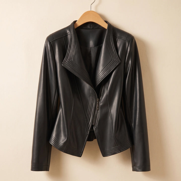 Rowena Draped Collar Leather Jacket - Black