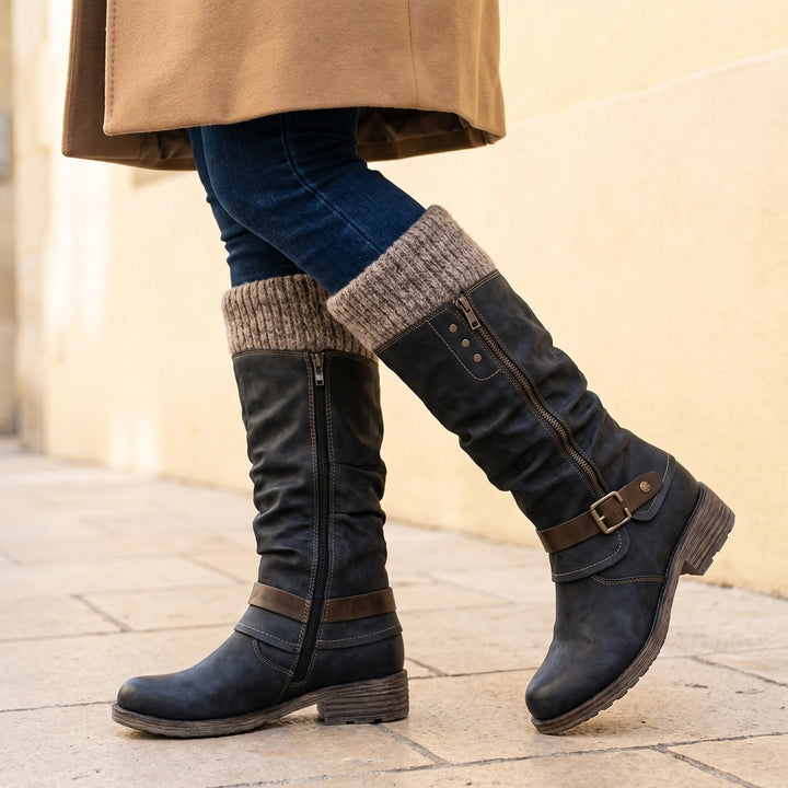 Roxanne Knit Cuff Buckle Knee High Boots - Black