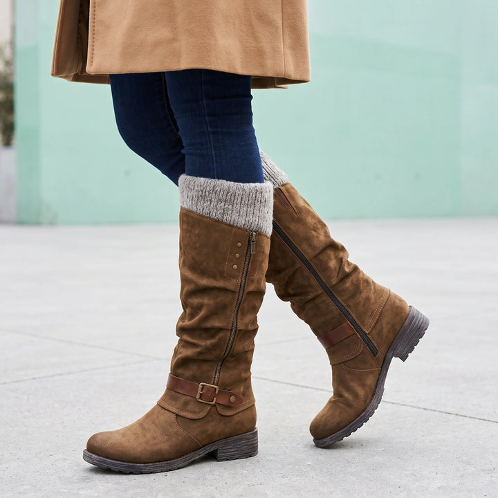 Roxanne Knit Cuff Buckle Knee High Boots - Brown