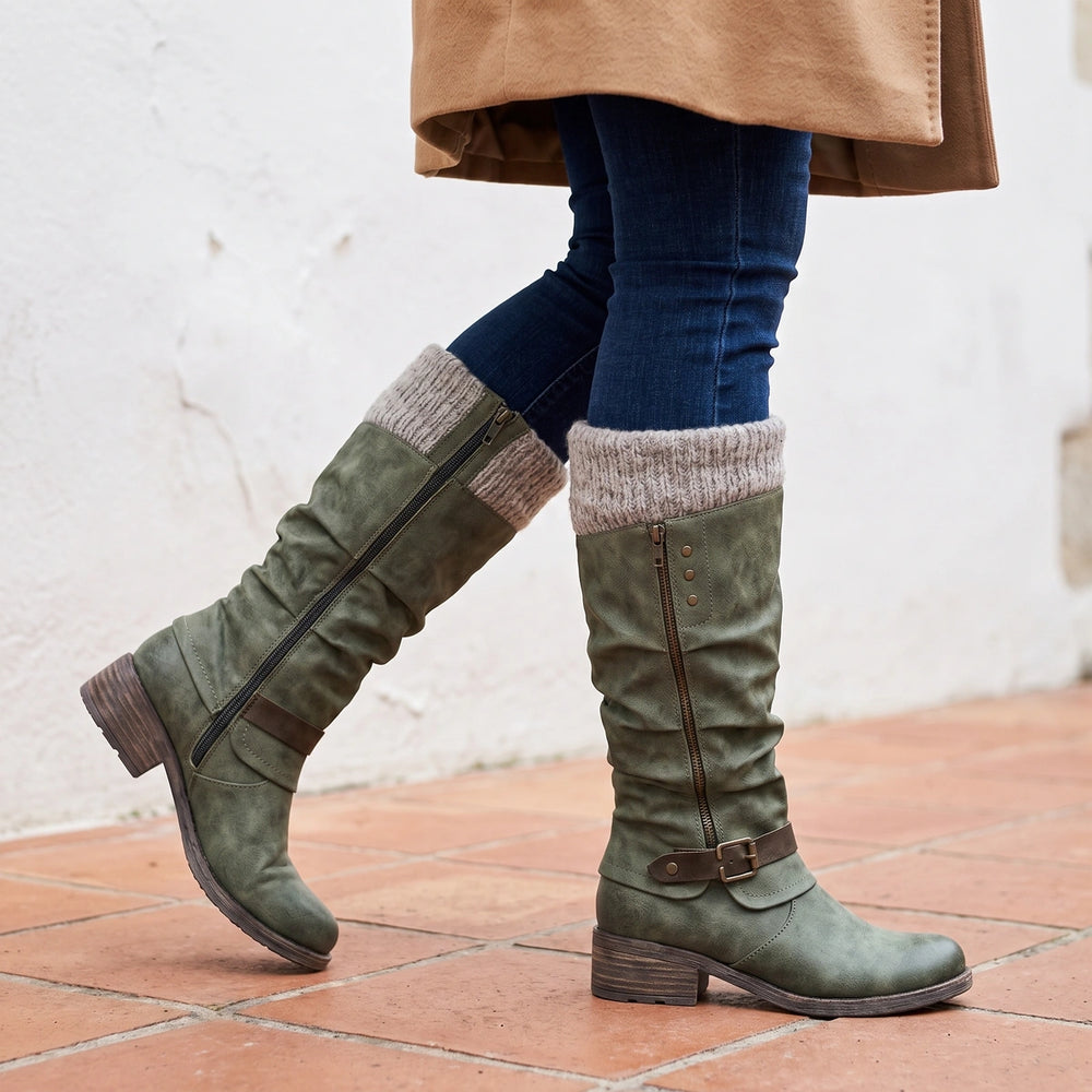 Roxanne Knit Cuff Buckle Knee High Boots - Green