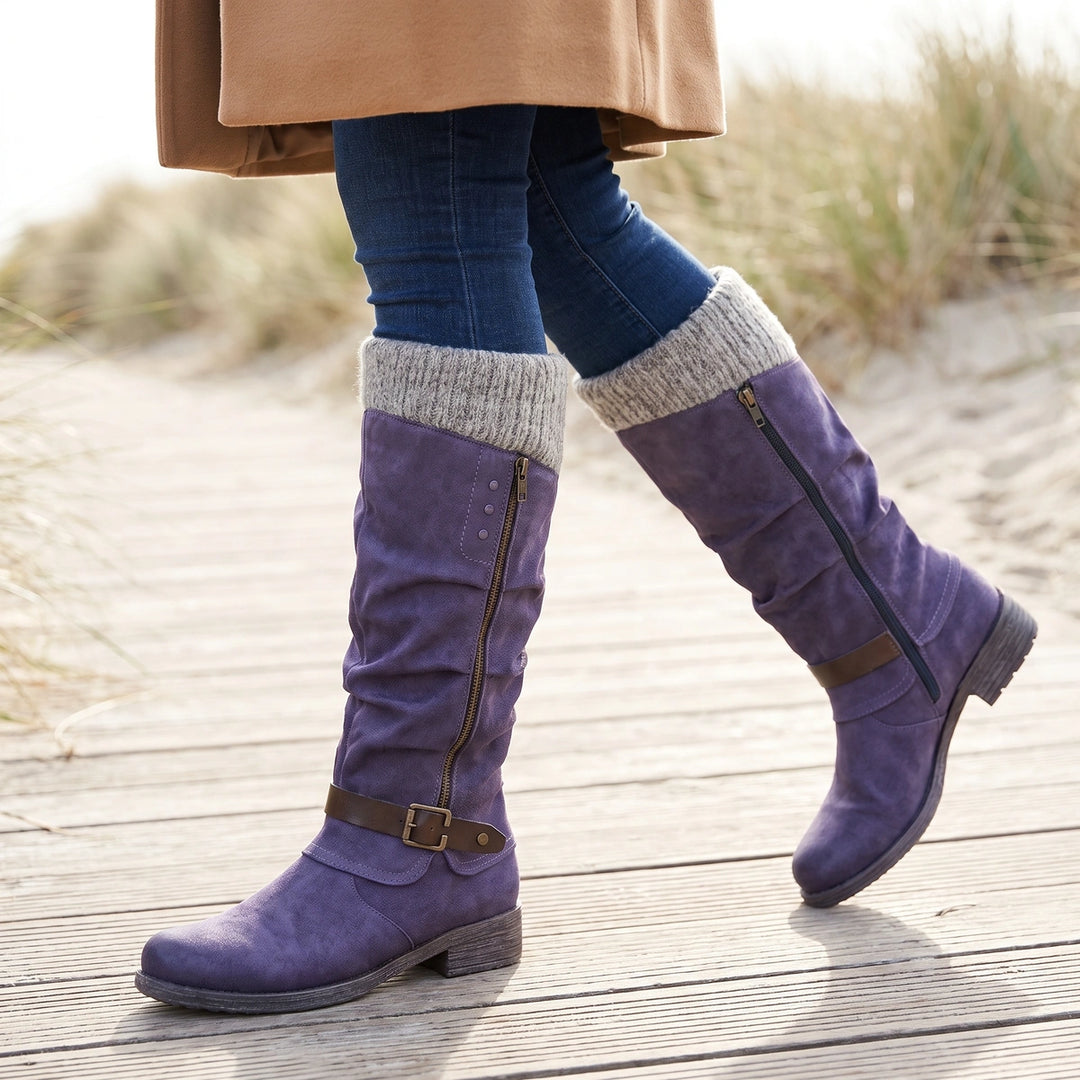Roxanne Knit Cuff Buckle Knee High Boots - Purple