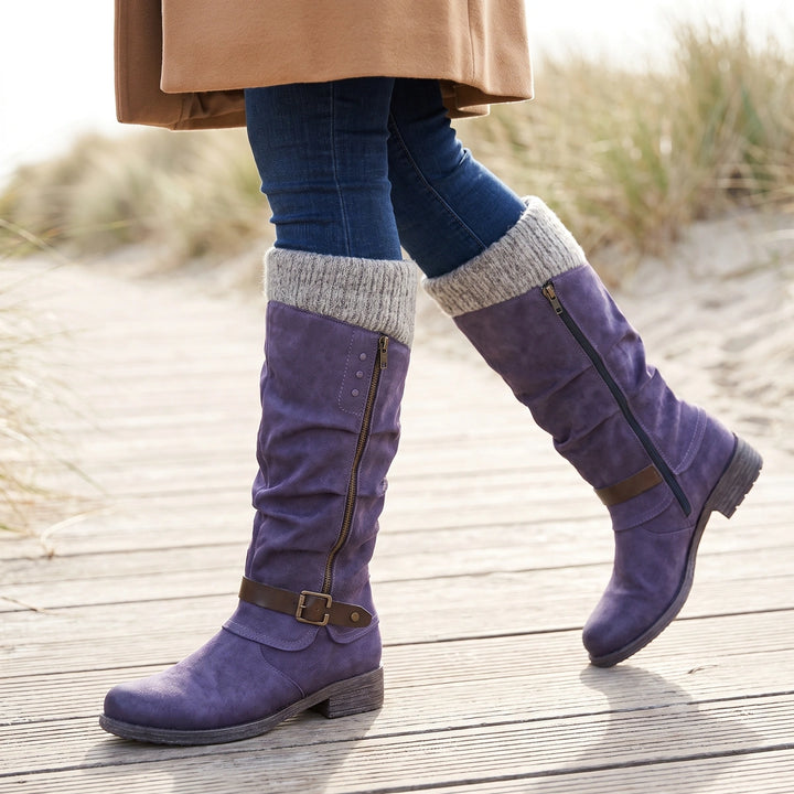 Roxanne Knit Cuff Buckle Knee High Boots - Purple