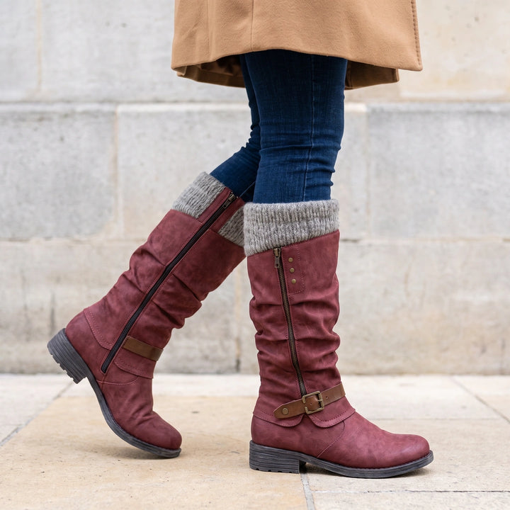 Roxanne Knit Cuff Buckle Knee High Boots - Red