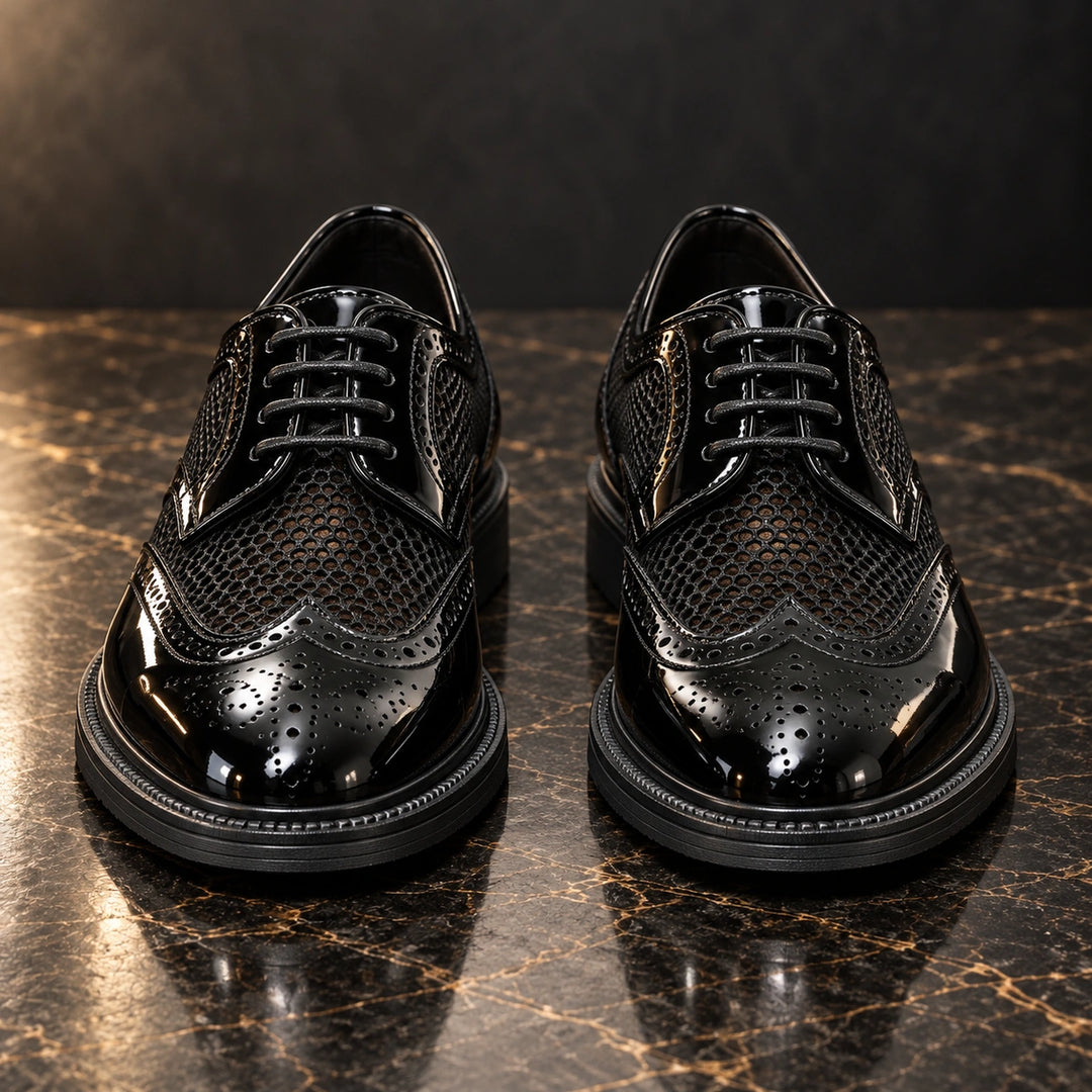 Ryan Mesh Wingtip Brogue Derby Shoes - Black