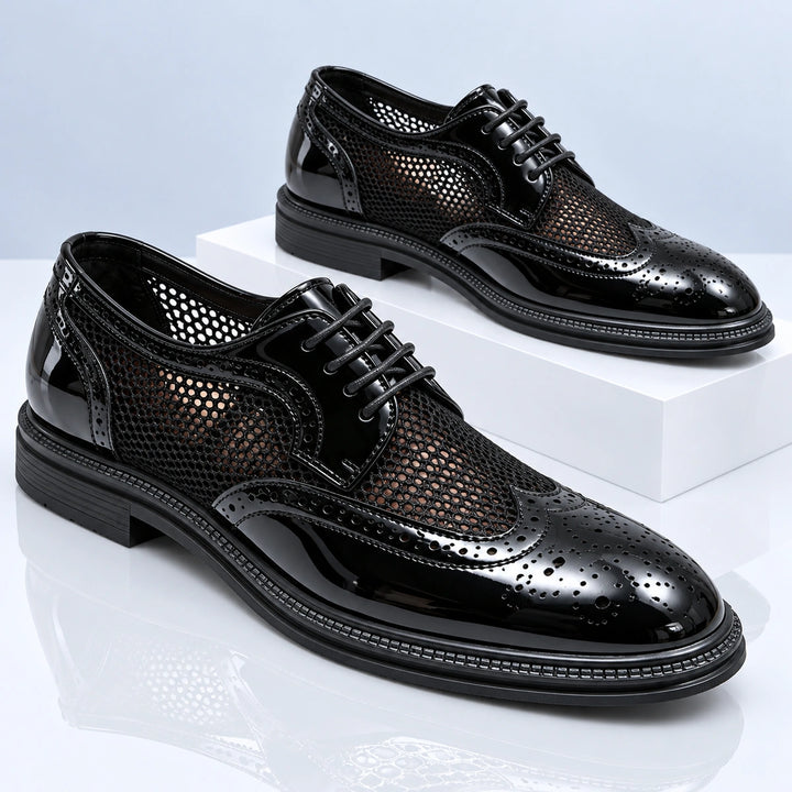 Ryan Mesh Wingtip Brogue Derby Shoes - Black
