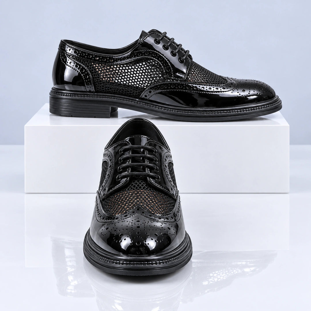 Ryan Mesh Wingtip Brogue Derby Shoes - Black