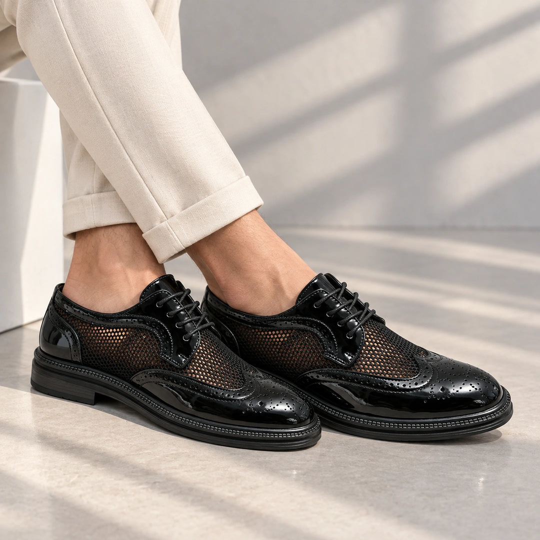 Ryan Mesh Wingtip Brogue Derby Shoes - Black
