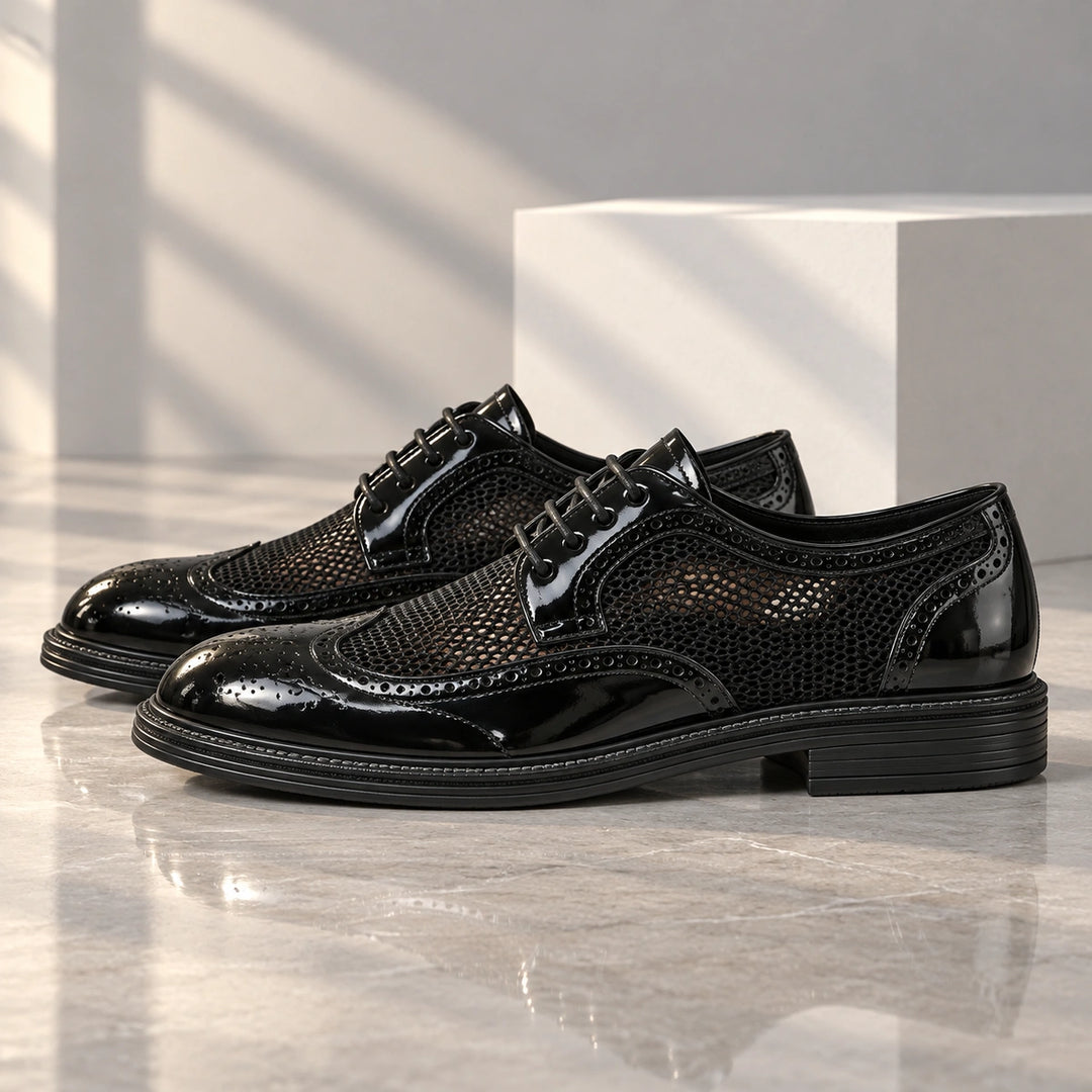 Ryan Mesh Wingtip Brogue Derby Shoes - Black
