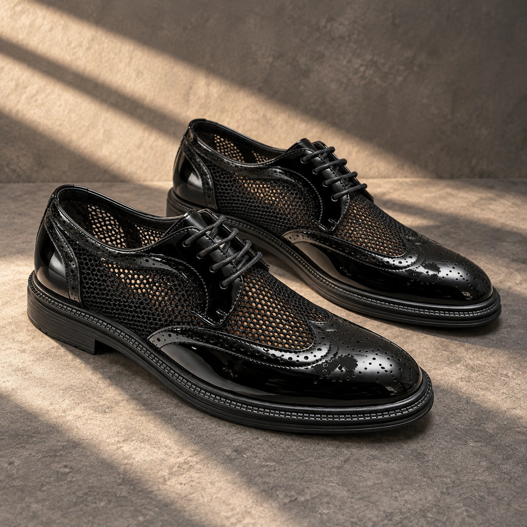 Ryan Mesh Wingtip Brogue Derby Shoes - Black