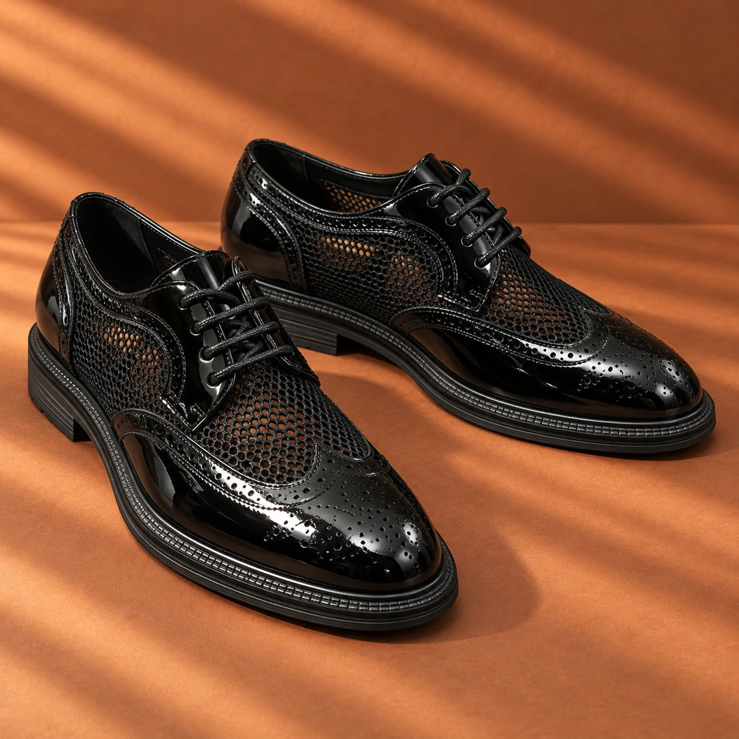Ryan Mesh Wingtip Brogue Derby Shoes - Black