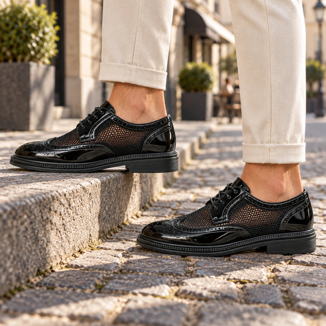 Ryan Mesh Wingtip Brogue Derby Shoes - Black