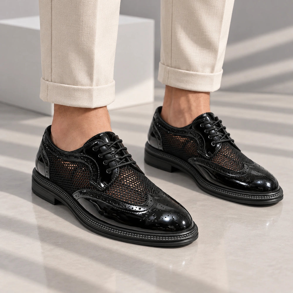 Ryan Mesh Wingtip Brogue Derby Shoes - Black
