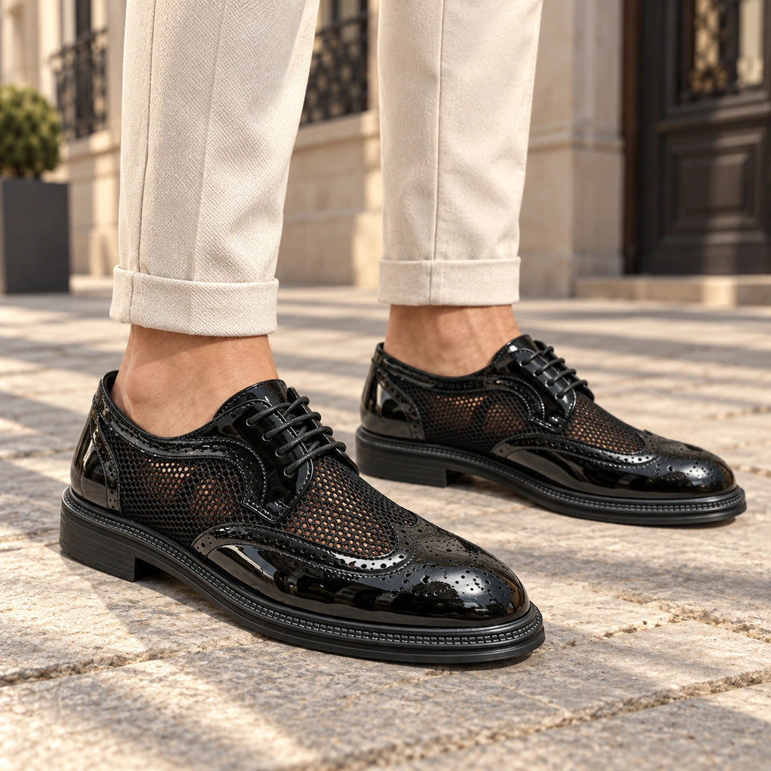 Ryan Mesh Wingtip Brogue Derby Shoes - Black