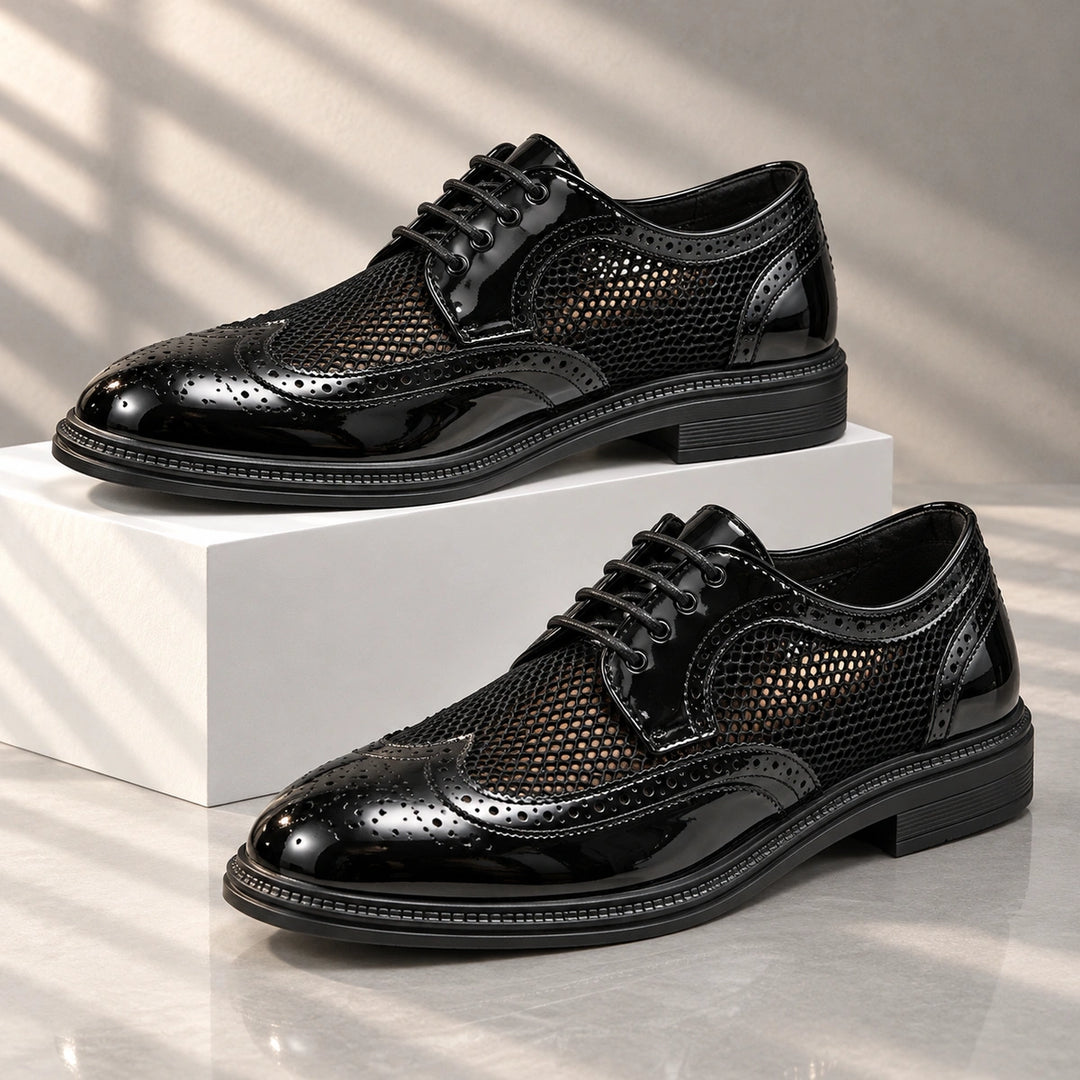 Ryan Mesh Wingtip Brogue Derby Shoes - Black