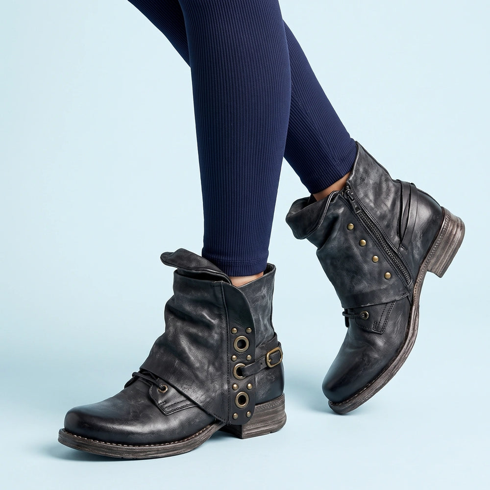 Sandra Fold Over Cuff Studded Strap Ankle Boots - Black