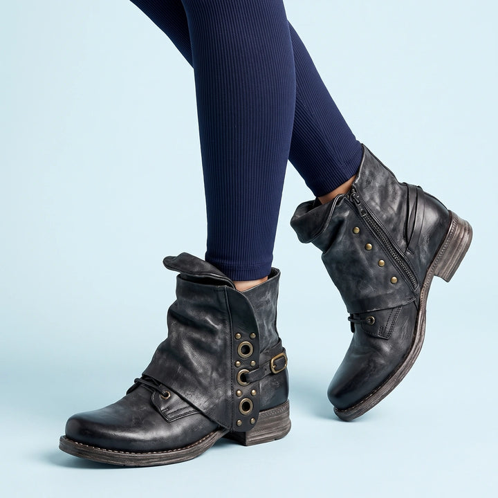 Sandra Fold Over Cuff Studded Strap Ankle Boots - Black