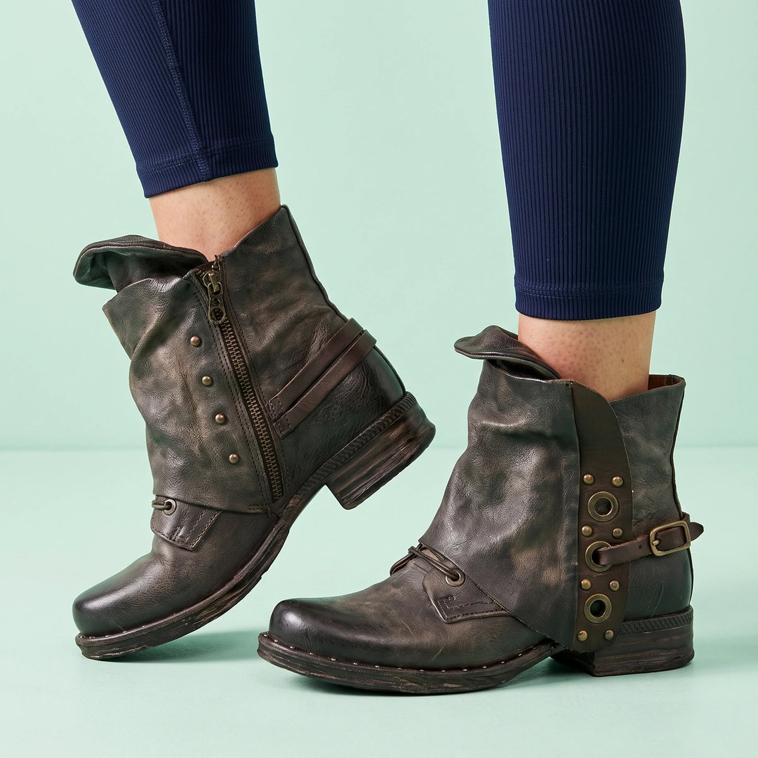 Sandra Fold Over Cuff Studded Strap Ankle Boots - Brown