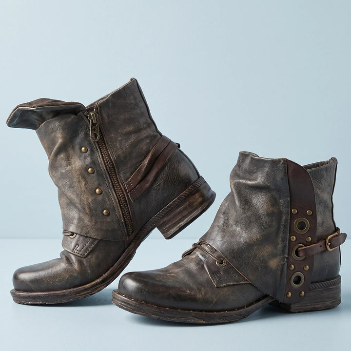 Sandra Fold Over Cuff Studded Strap Ankle Boots - Brown