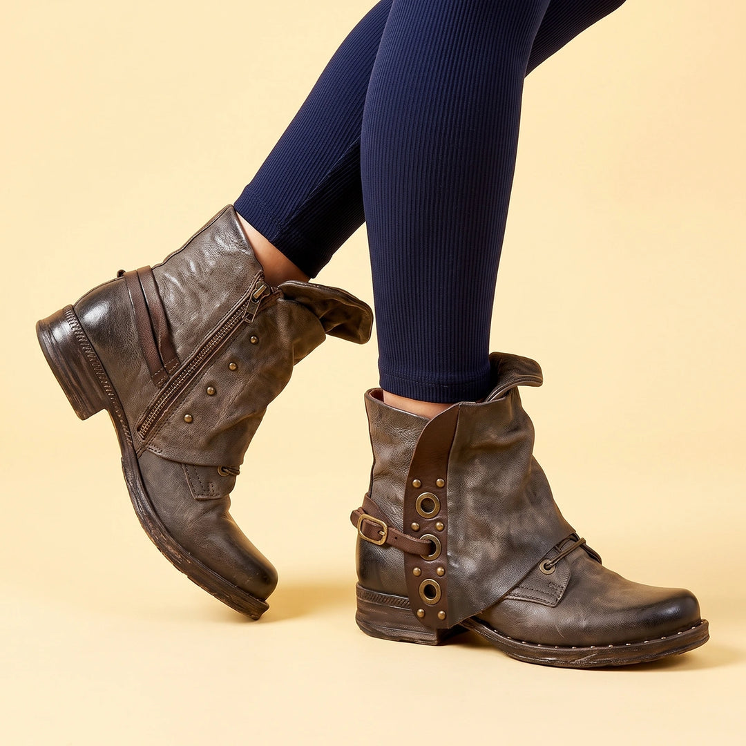Sandra Fold Over Cuff Studded Strap Ankle Boots - Brown