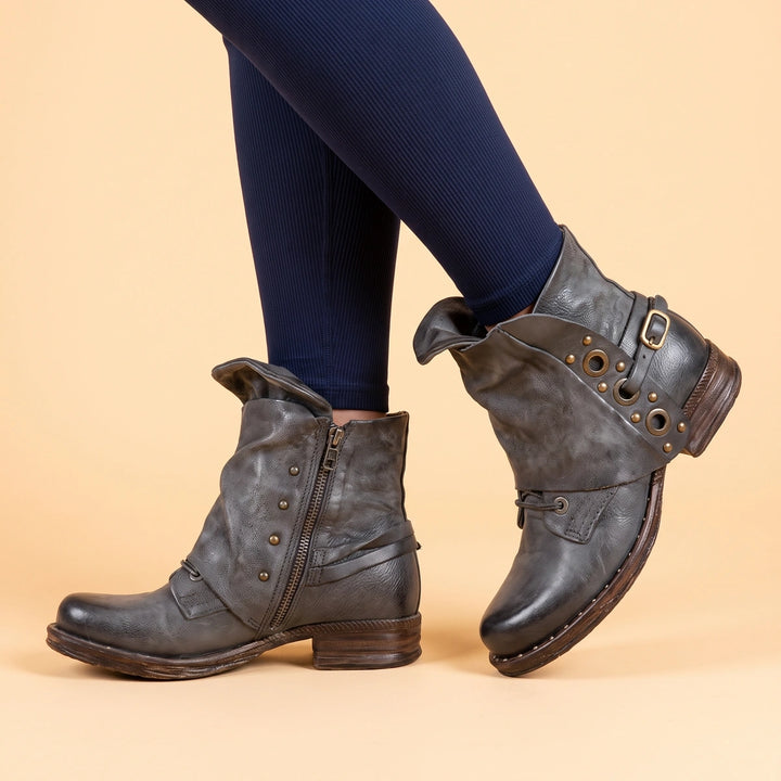 Sandra Fold Over Cuff Studded Strap Ankle Boots - Gray
