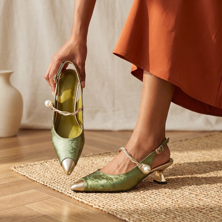 Isolde Women's Brocade Kitten Heels - Green