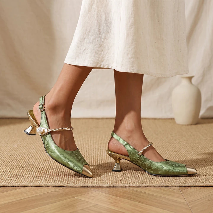 Isolde Women's Brocade Kitten Heels - Green