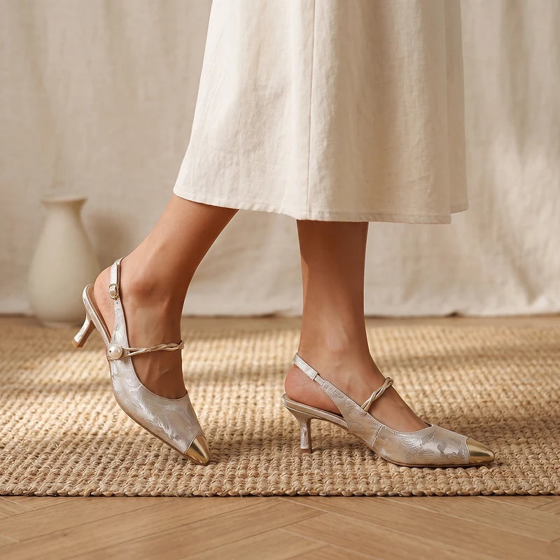 Isolde Women's Brocade Kitten Heels - Beige