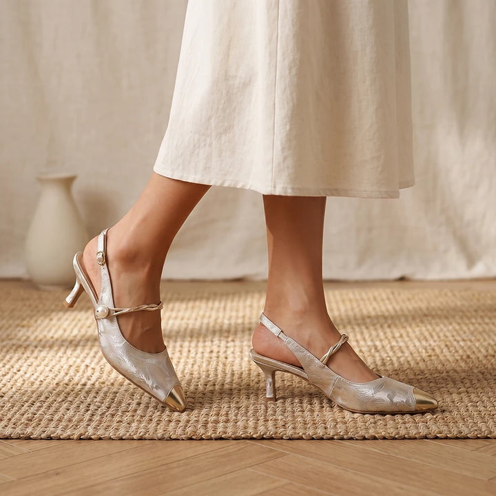 Isolde Women's Brocade Kitten Heels - Beige
