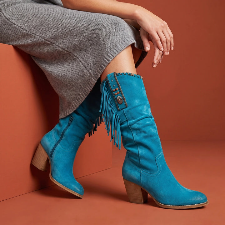 Savannah Fringe Western Mid Calf Boots - Blue