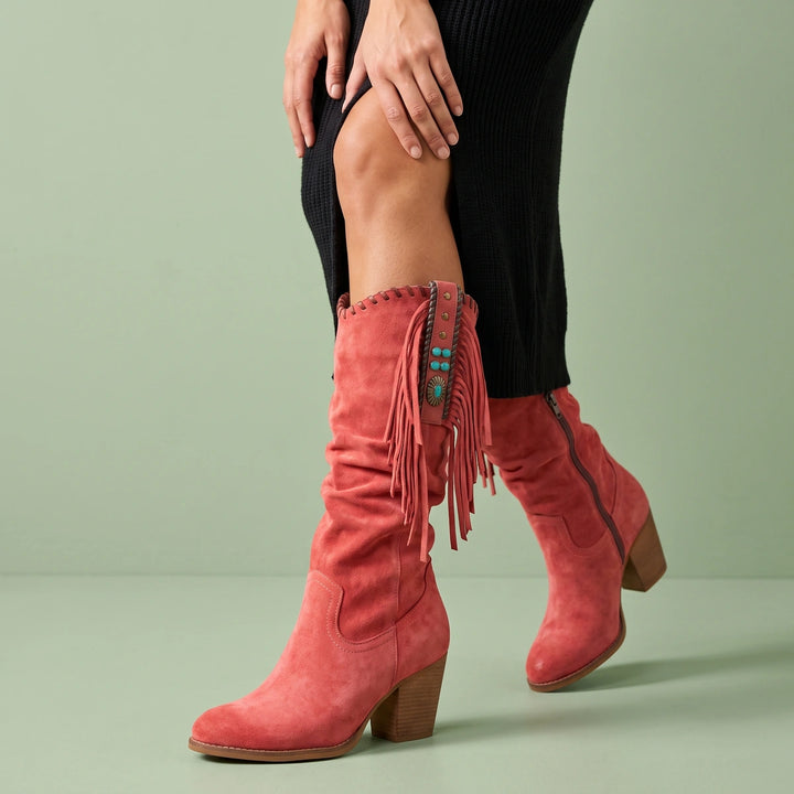 Savannah Fringe Western Mid Calf Boots - Red
