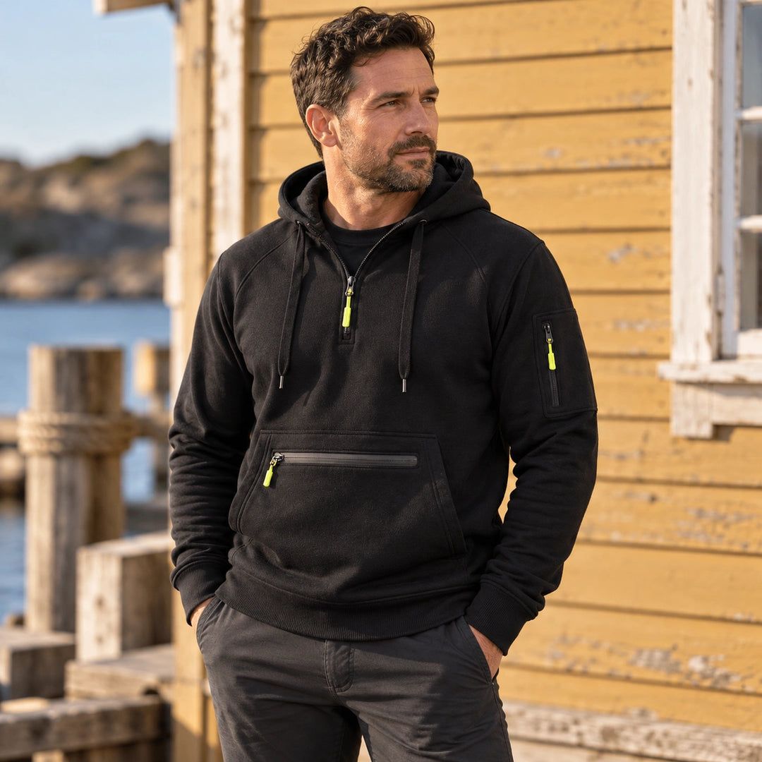 Sebastiano Brushed Fleece Quarter Zip Hoodie - Black