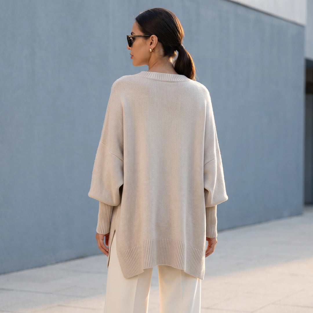 Selena Batwing Sleeve Knit Tunic Sweater - Beige