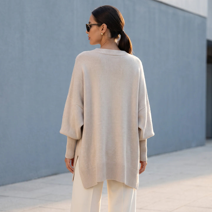 Selena Batwing Sleeve Knit Tunic Sweater - Beige