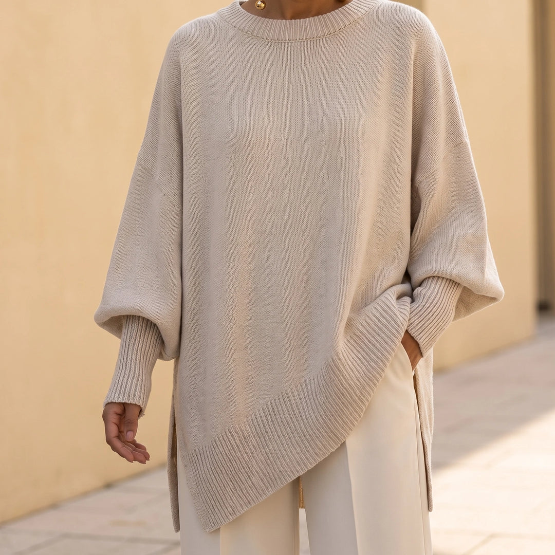 Selena Batwing Sleeve Knit Tunic Sweater - Beige