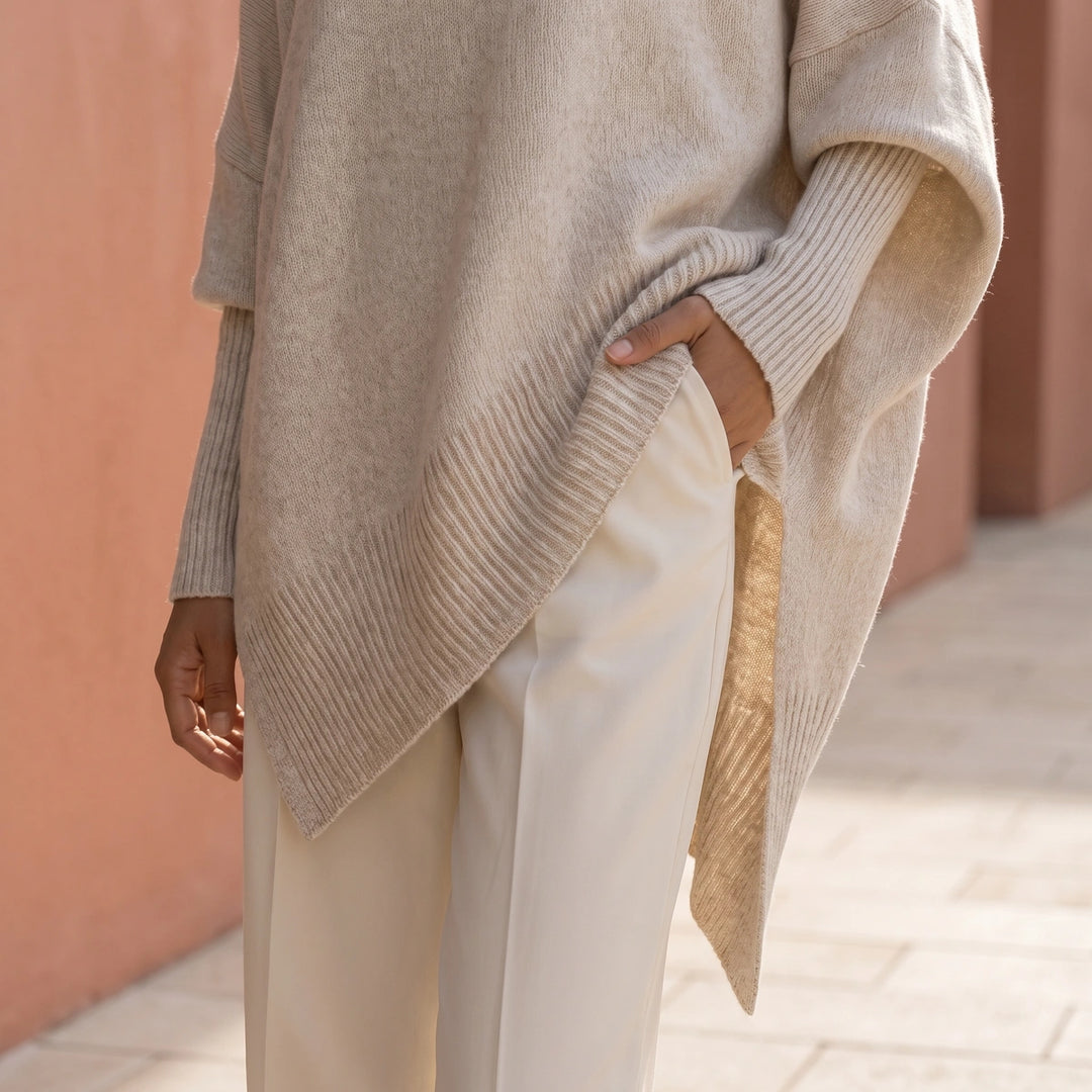 Selena Batwing Sleeve Knit Tunic Sweater - Beige