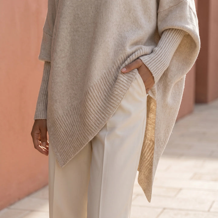 Selena Batwing Sleeve Knit Tunic Sweater - Beige