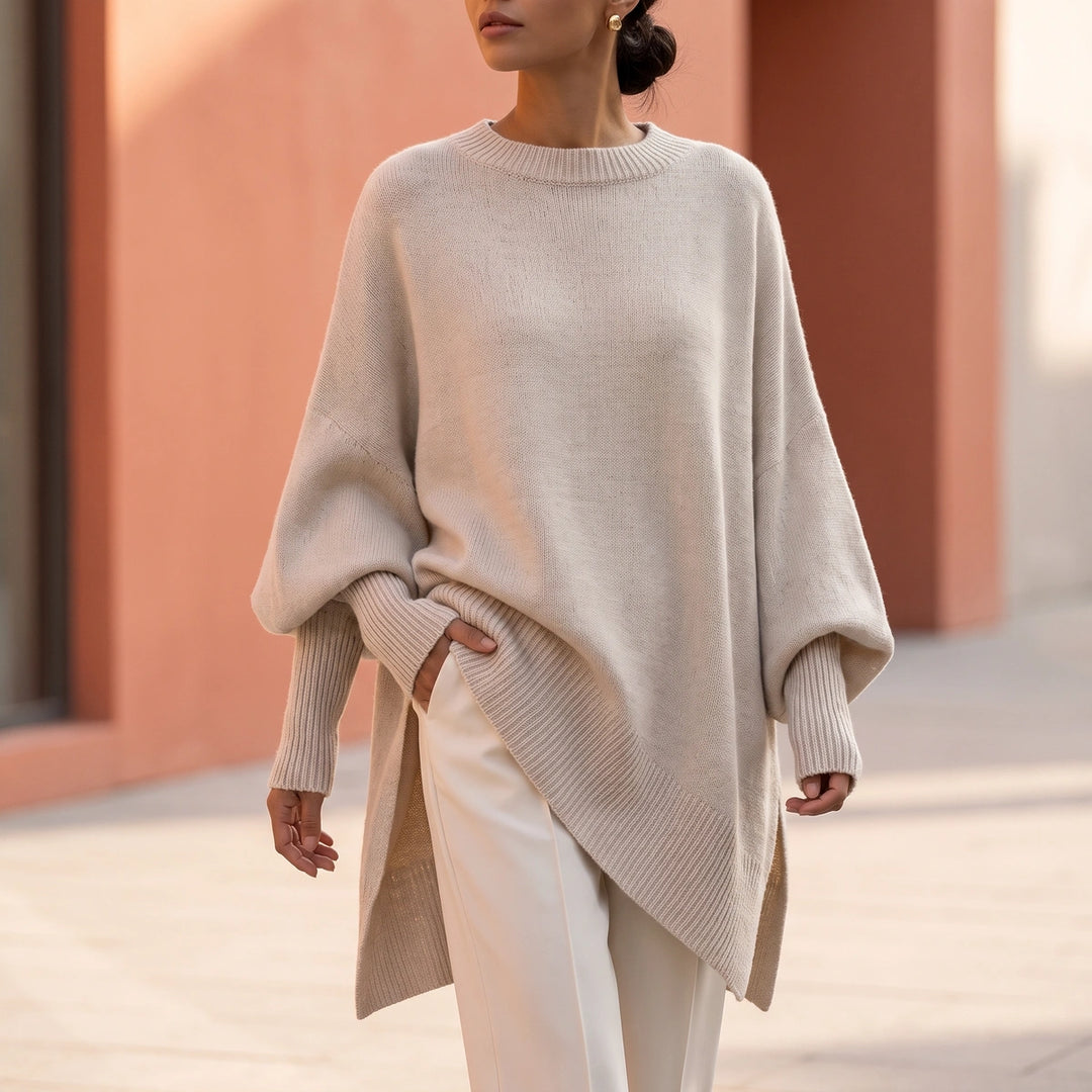 Selena Batwing Sleeve Knit Tunic Sweater - Beige