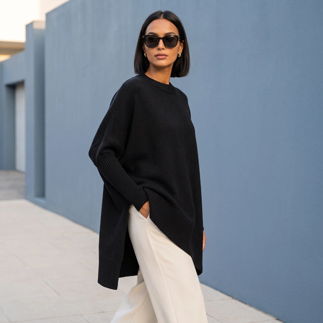 Selena Batwing Sleeve Knit Tunic Sweater - Black