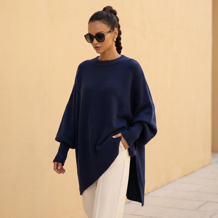Selena Batwing Sleeve Knit Tunic Sweater - Navy Blue