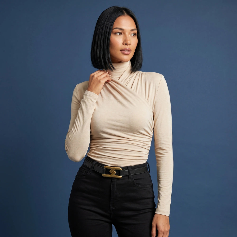 Serena Wrap Turtleneck Ruched Top - Beige
