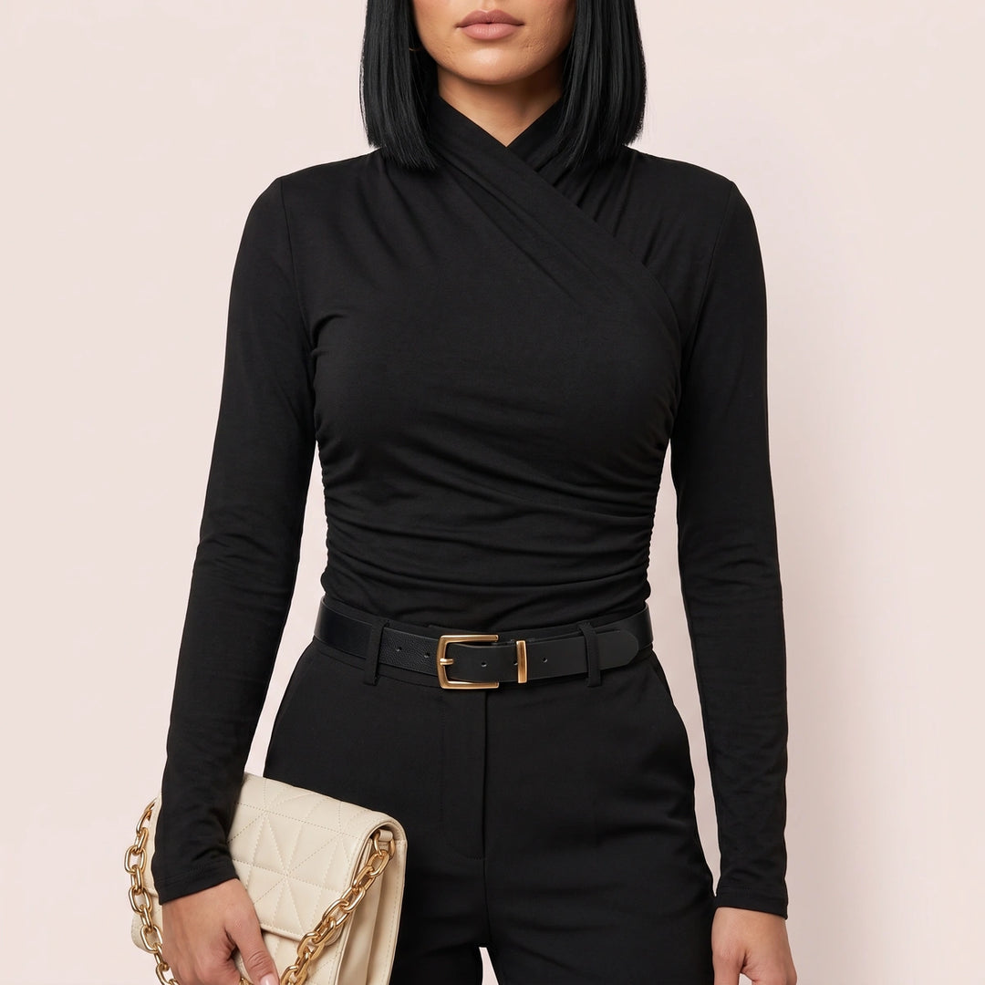 Serena Wrap Turtleneck Ruched Top - Black