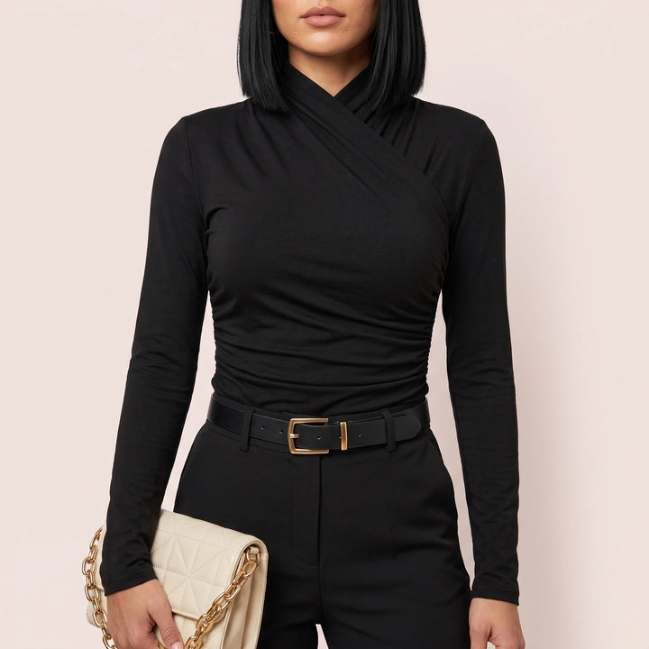 Serena Wrap Turtleneck Ruched Top - Black