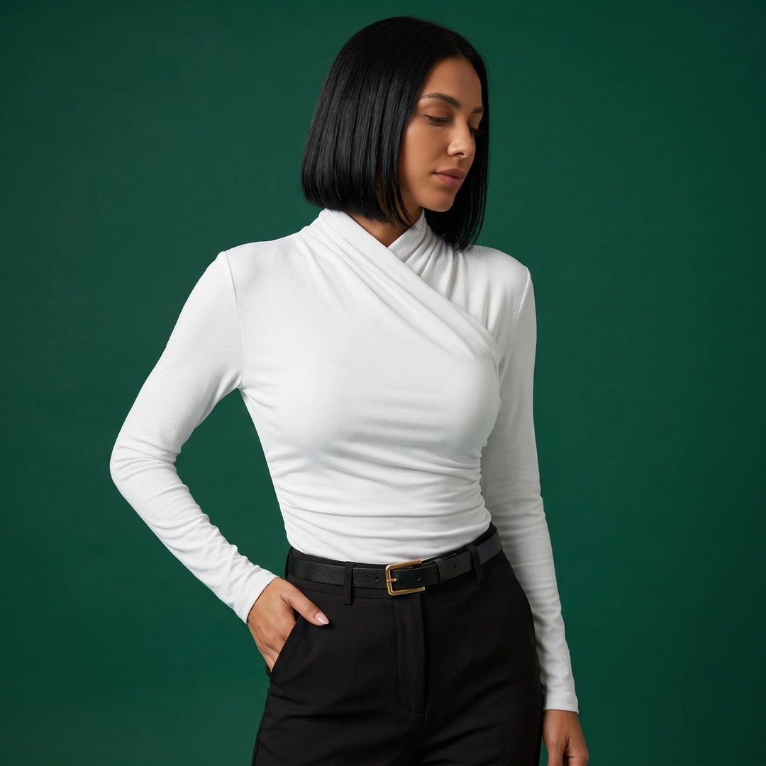 Serena Wrap Turtleneck Ruched Top - White
