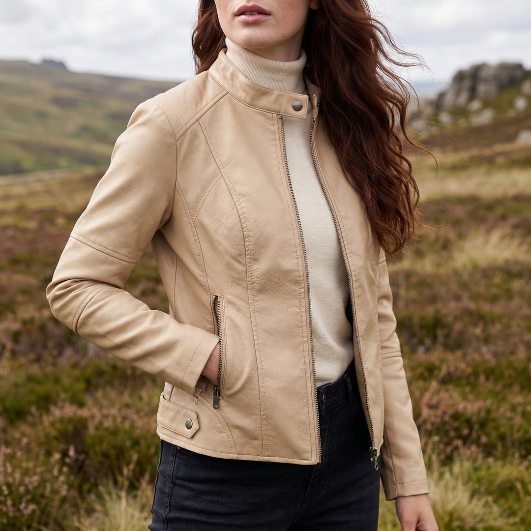 Severine Cropped Vegan Leather Jacket - Beige