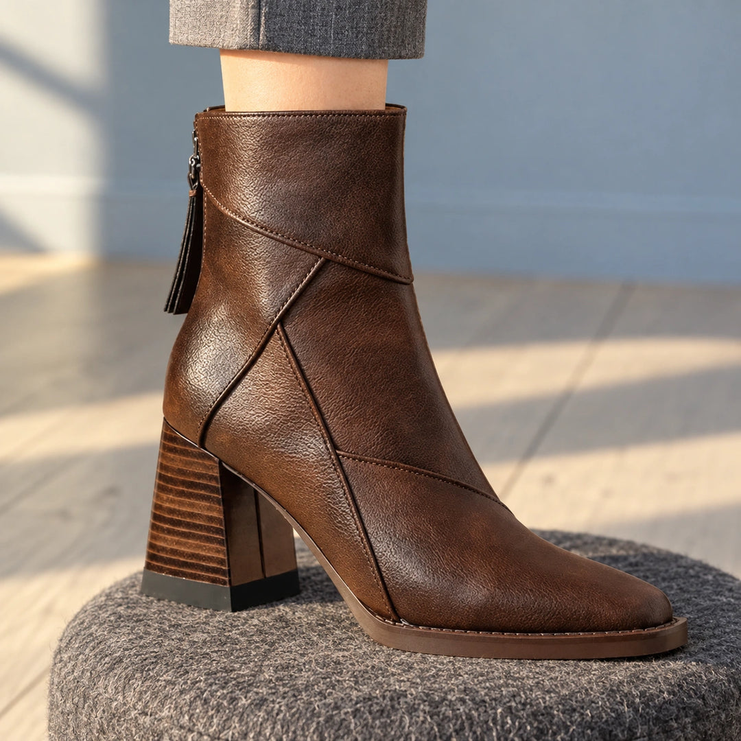 Sharon Paneled Leather Look Square Toe Booties - Espresso