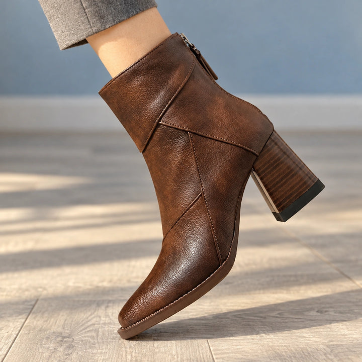 Sharon Paneled Leather Look Square Toe Booties - Espresso
