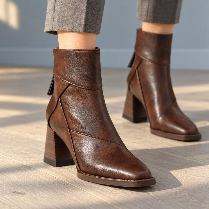 Sharon Paneled Leather Look Square Toe Booties - Espresso
